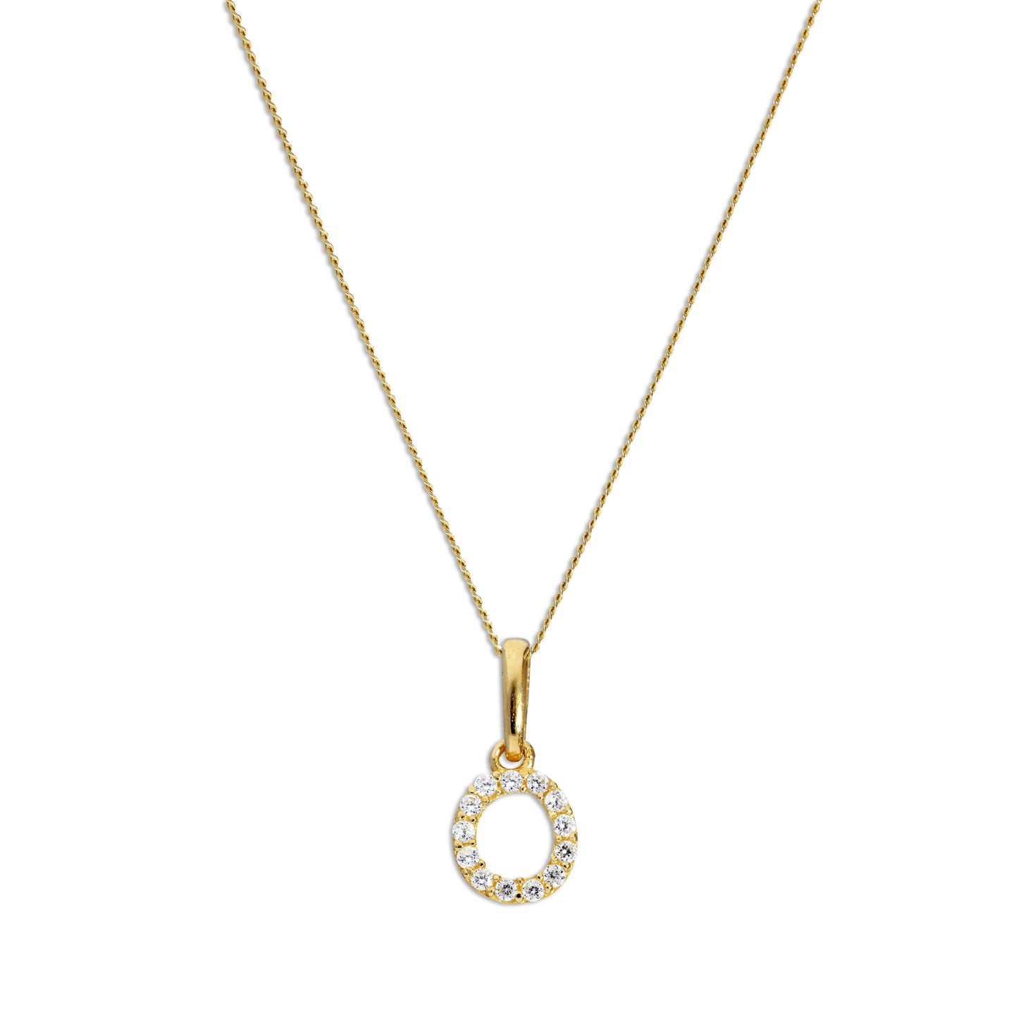 Pendentif lettre O en or 9 carats et cristal CZ transparent sur chaîne de 40 à 50 cm