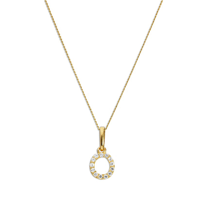 Pendentif lettre O en or 9 carats et cristal CZ transparent sur chaîne de 40 à 50 cm