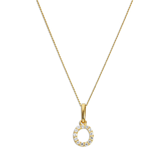 Pendentif lettre O en or 9 carats et cristal CZ transparent sur chaîne de 40 à 50 cm