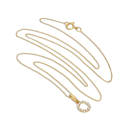 Pendentif lettre O en or 9 carats et cristal CZ transparent sur chaîne de 40 à 50 cm