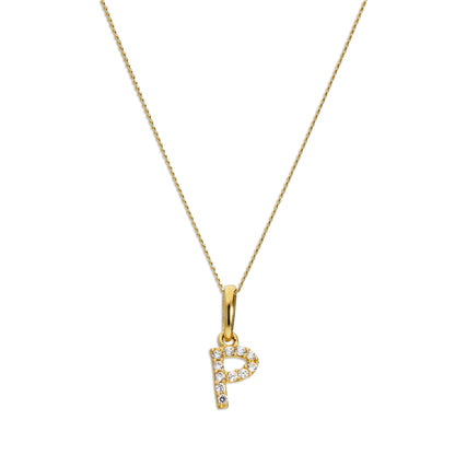 Pendentif lettre P en or 9 carats et cristal CZ transparent sur chaîne de 40 à 50 cm
