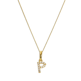 Pendentif lettre P en or 9 carats et cristal CZ transparent sur chaîne de 40 à 50 cm