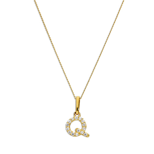 Pendentif lettre Q en or 9 carats et cristal CZ transparent sur chaîne de 40 à 50 cm