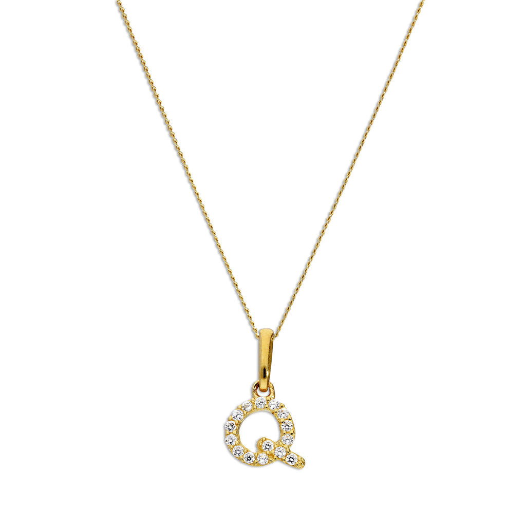 Pendentif lettre Q en or 9 carats et cristal CZ transparent sur chaîne de 40 à 50 cm