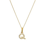 Pendentif lettre Q en or 9 carats et cristal CZ transparent sur chaîne de 40 à 50 cm