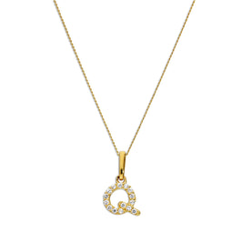 Pendentif lettre Q en or 9 carats et cristal CZ transparent sur chaîne de 40 à 50 cm