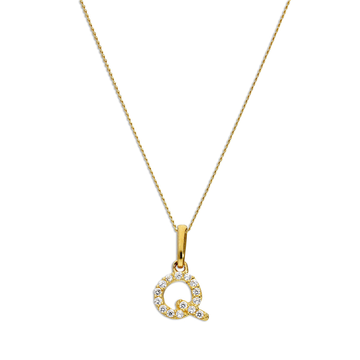 Pendentif lettre Q en or 9 carats et cristal CZ transparent sur chaîne de 40 à 50 cm