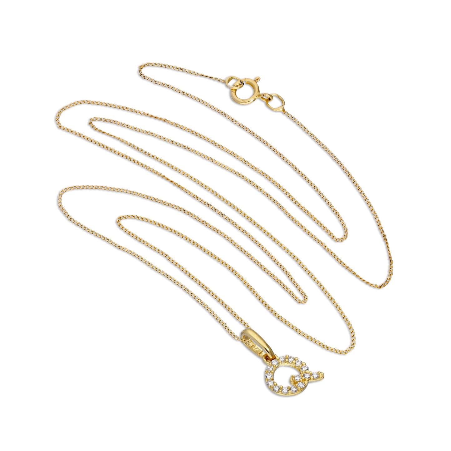 Pendentif lettre Q en or 9 carats et cristal CZ transparent sur chaîne de 40 à 50 cm