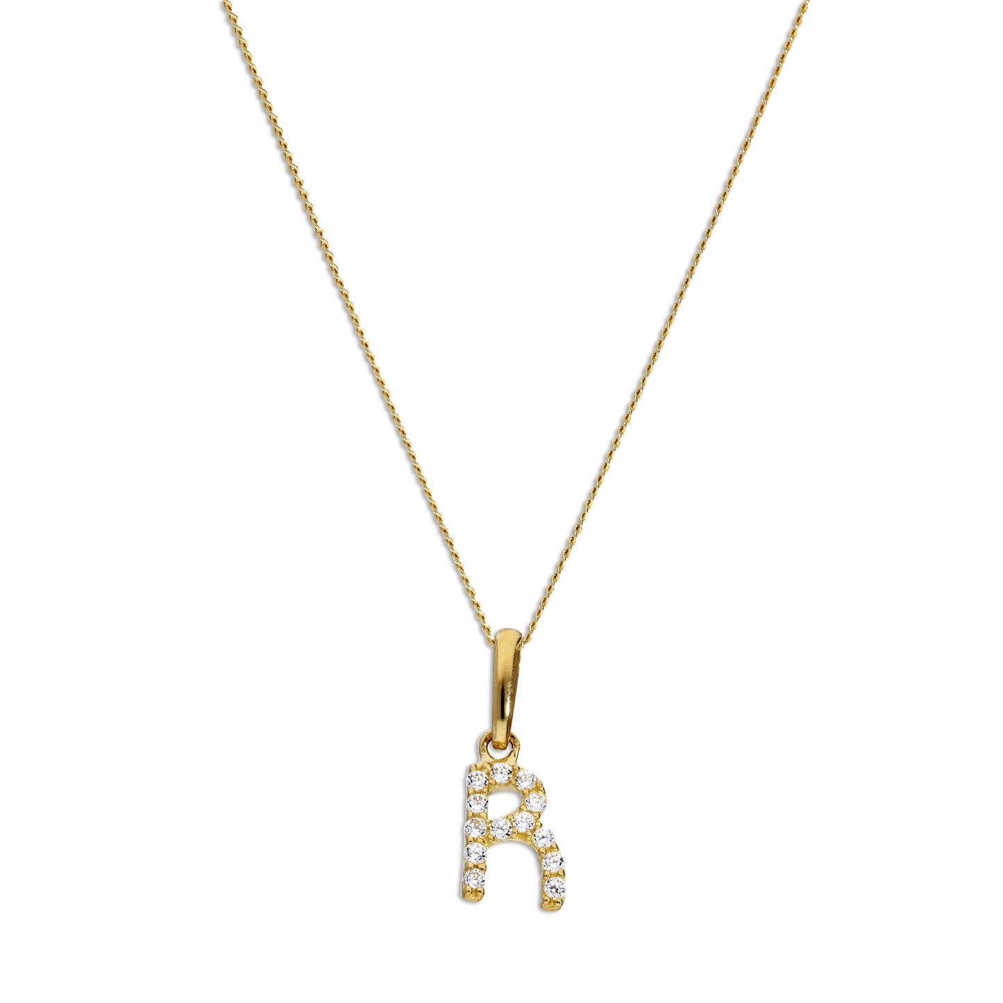 Pendentif lettre R en or 9 carats et cristal CZ transparent sur chaîne de 40 à 50 cm
