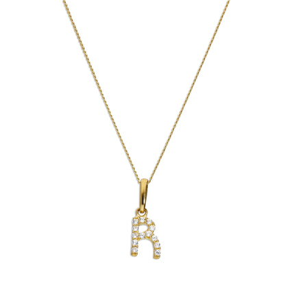 Pendentif lettre R en or 9 carats et cristal CZ transparent sur chaîne de 40 à 50 cm