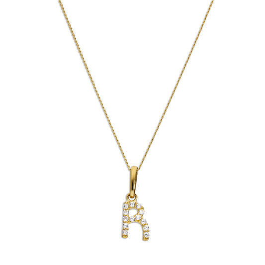Pendentif lettre R en or 9 carats et cristal CZ transparent sur chaîne de 40 à 50 cm