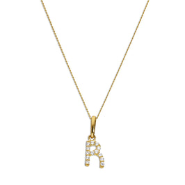 Pendentif lettre R en or 9 carats et cristal CZ transparent sur chaîne de 40 à 50 cm