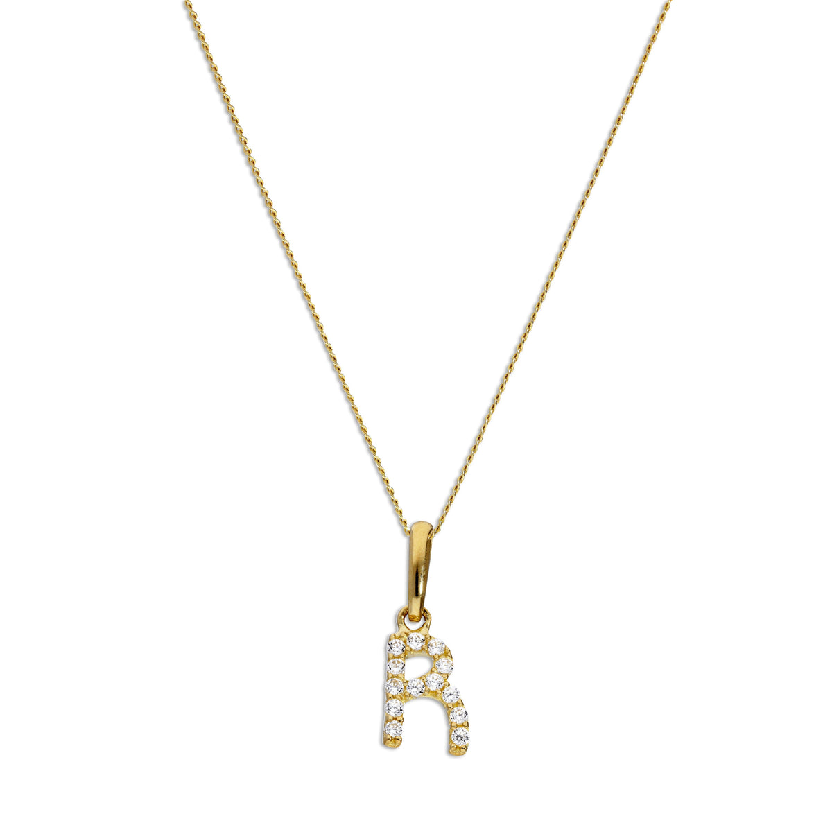 Pendentif lettre R en or 9 carats et cristal CZ transparent sur chaîne de 40 à 50 cm