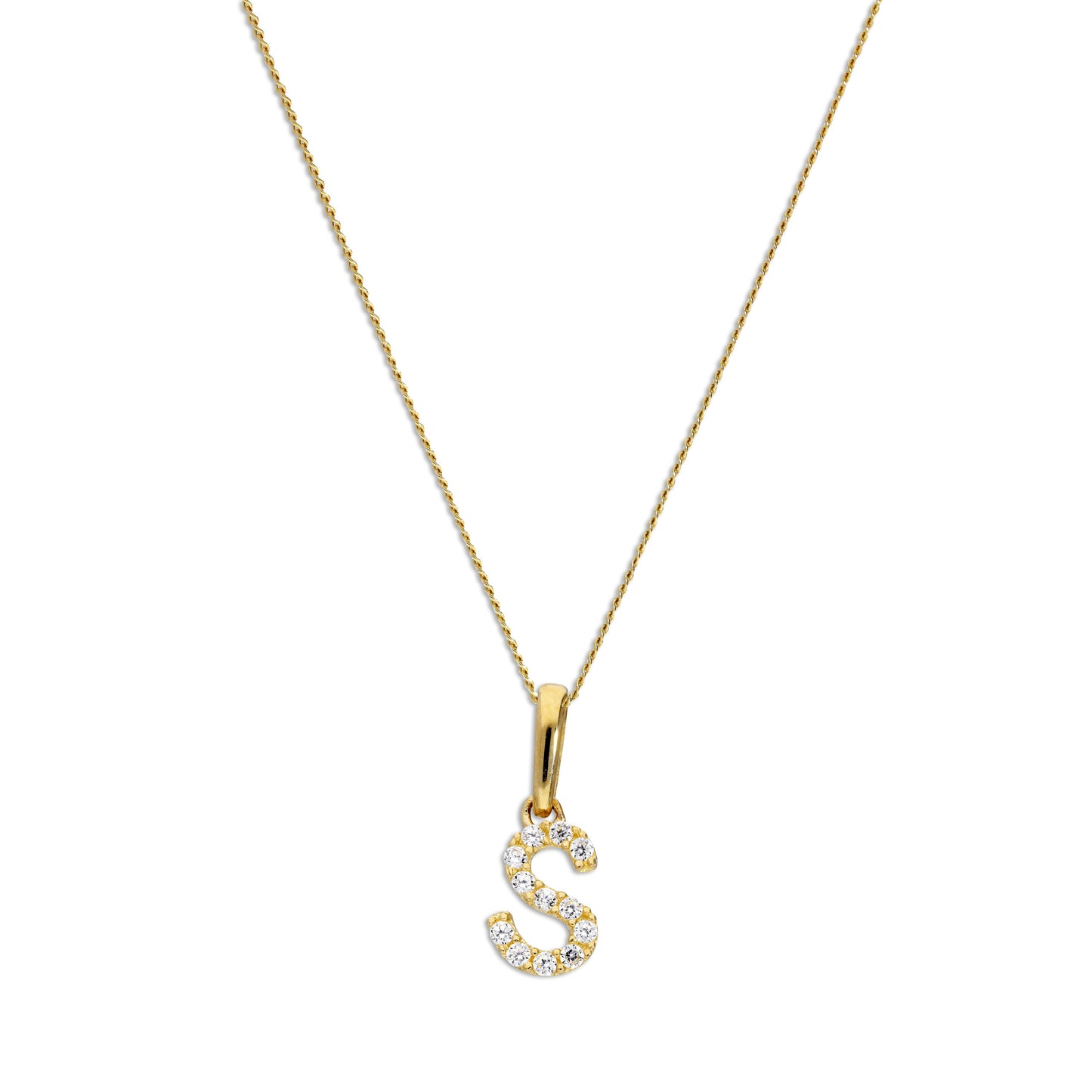 Pendentif lettre S en or 9 carats et cristal CZ transparent sur chaîne de 40 à 50 cm