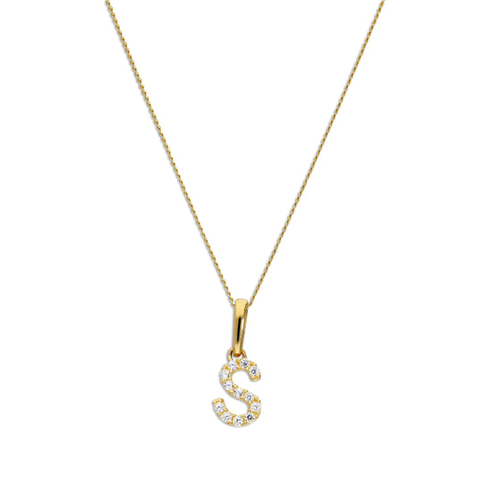 Pendentif lettre S en or 9 carats et cristal CZ transparent sur chaîne de 40 à 50 cm