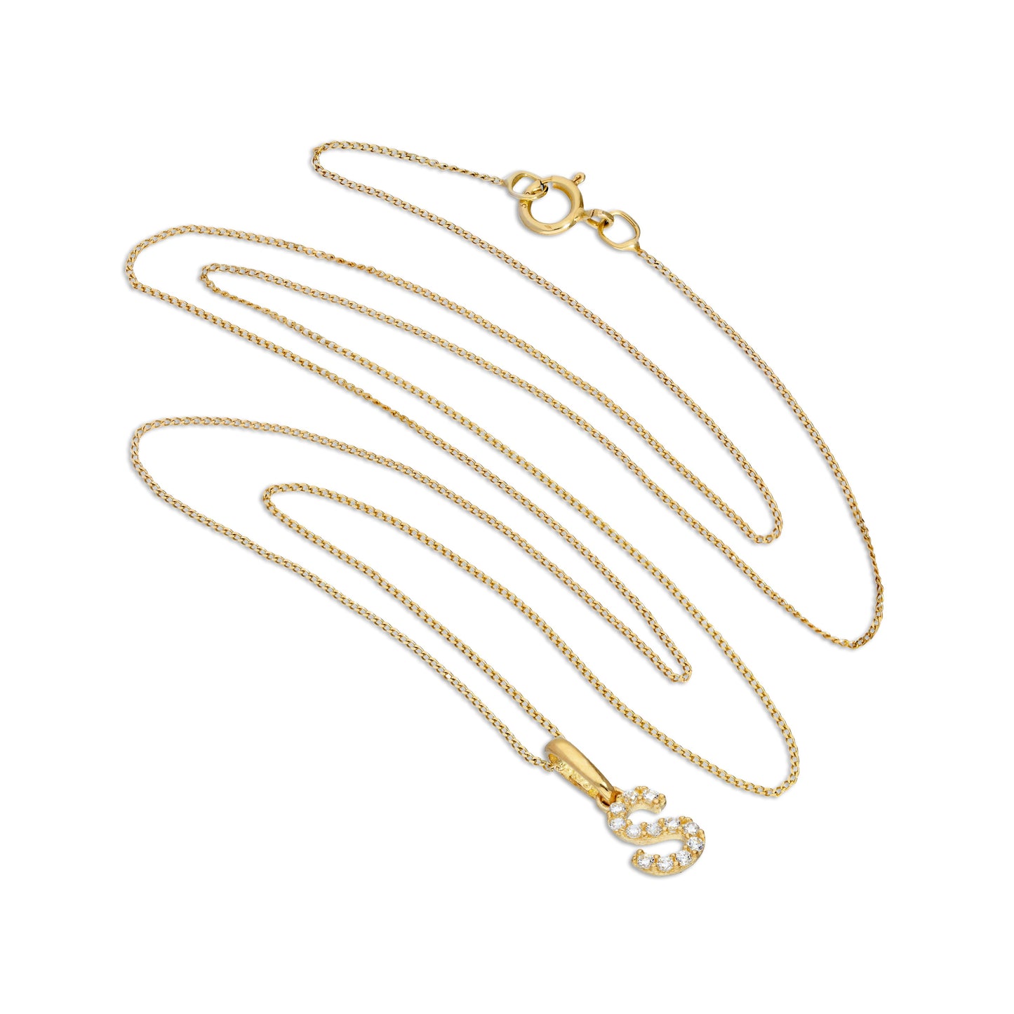 Pendentif lettre S en or 9 carats et cristal CZ transparent sur chaîne de 40 à 50 cm