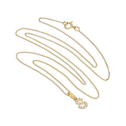 Pendentif lettre S en or 9 carats et cristal CZ transparent sur chaîne de 40 à 50 cm