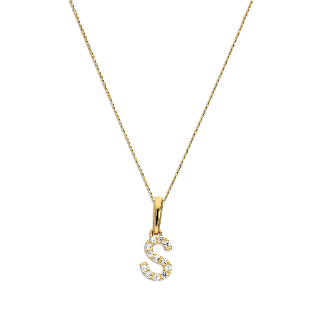 Pendentif lettre S en or 9 carats et cristal CZ transparent sur chaîne de 40 à 50 cm