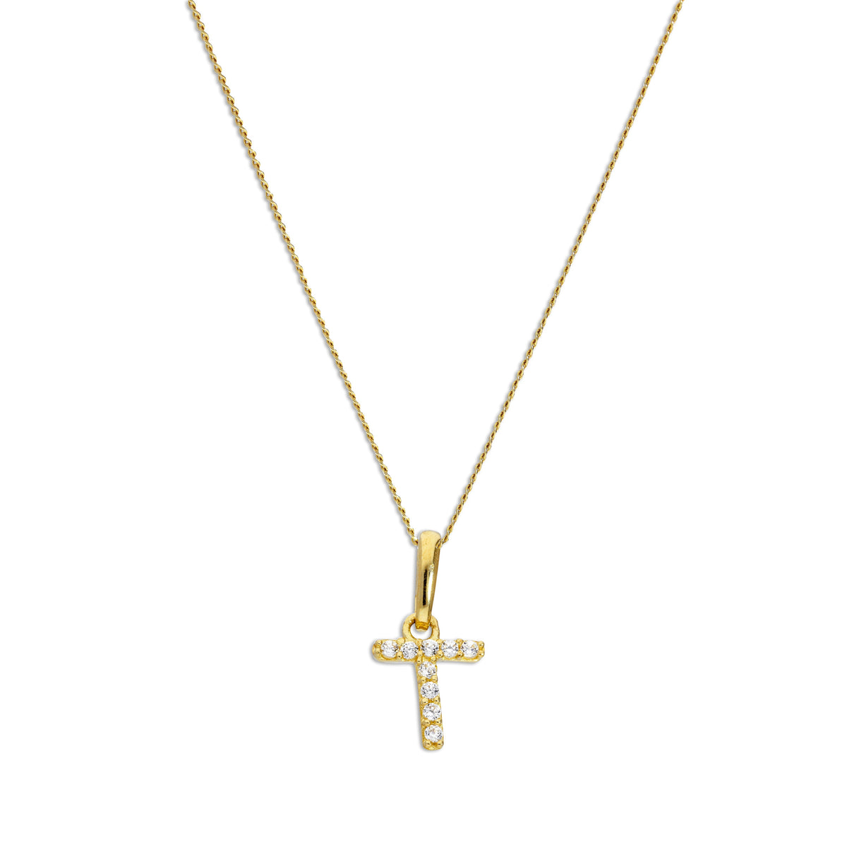 Pendentif lettre T en or 9 carats et cristal CZ transparent sur chaîne de 40 à 50 cm