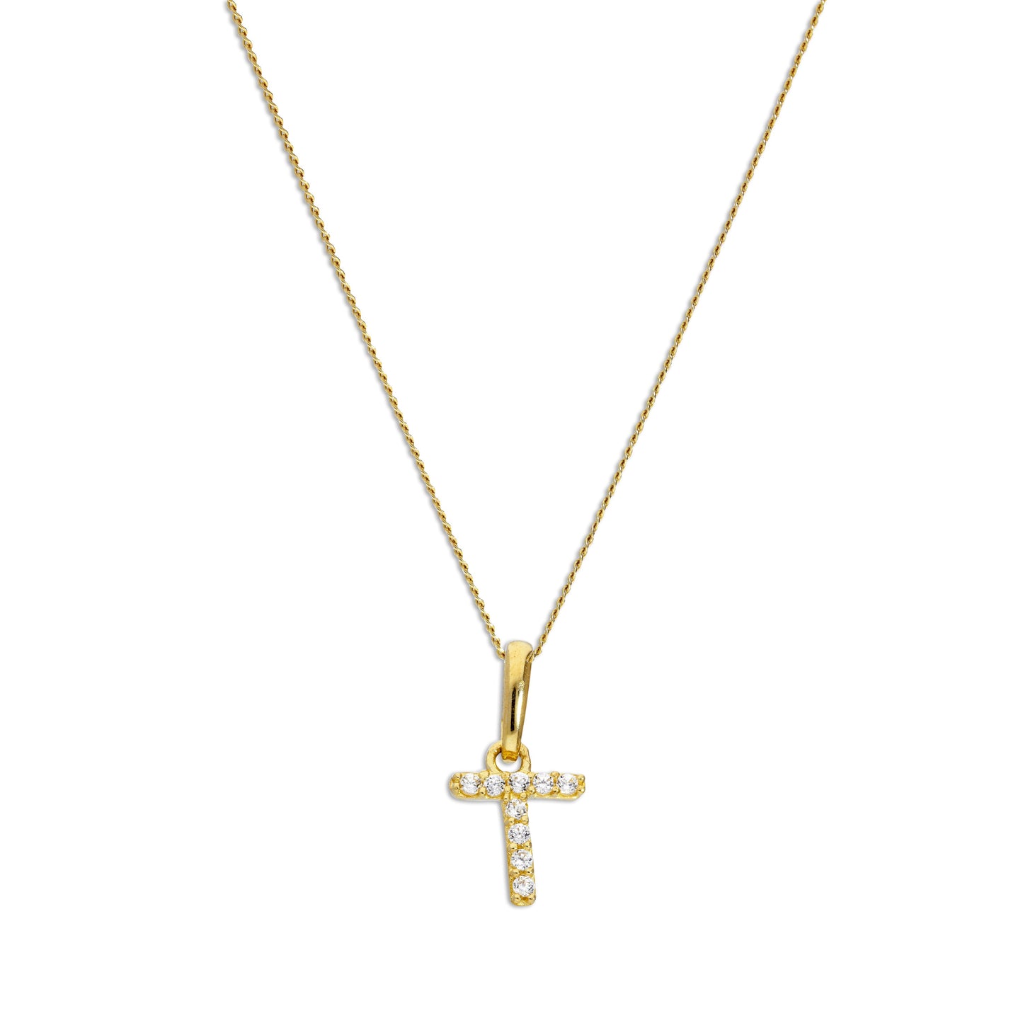 Pendentif lettre T en or 9 carats et cristal CZ transparent sur chaîne de 40 à 50 cm