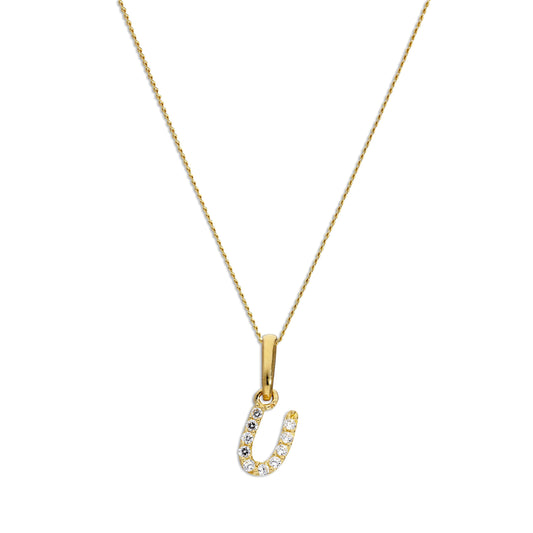 Pendentif lettre U en or 9 carats et cristal CZ transparent sur chaîne de 40 à 50 cm