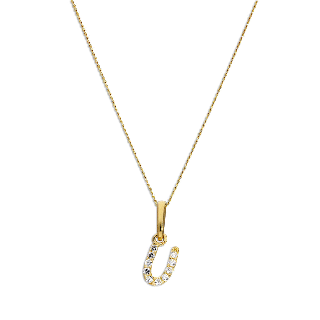 Pendentif lettre U en or 9 carats et cristal CZ transparent sur chaîne de 40 à 50 cm