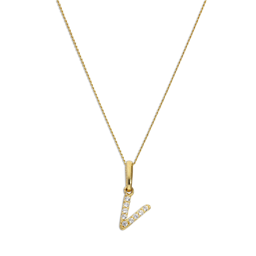 Pendentif lettre V en or 9 carats et cristal CZ transparent sur chaîne de 40 à 50 cm
