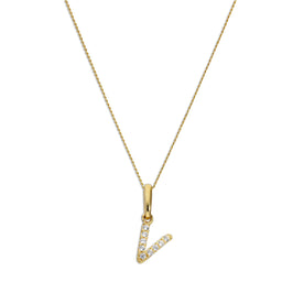 Pendentif lettre V en or 9 carats et cristal CZ transparent sur chaîne de 40 à 50 cm