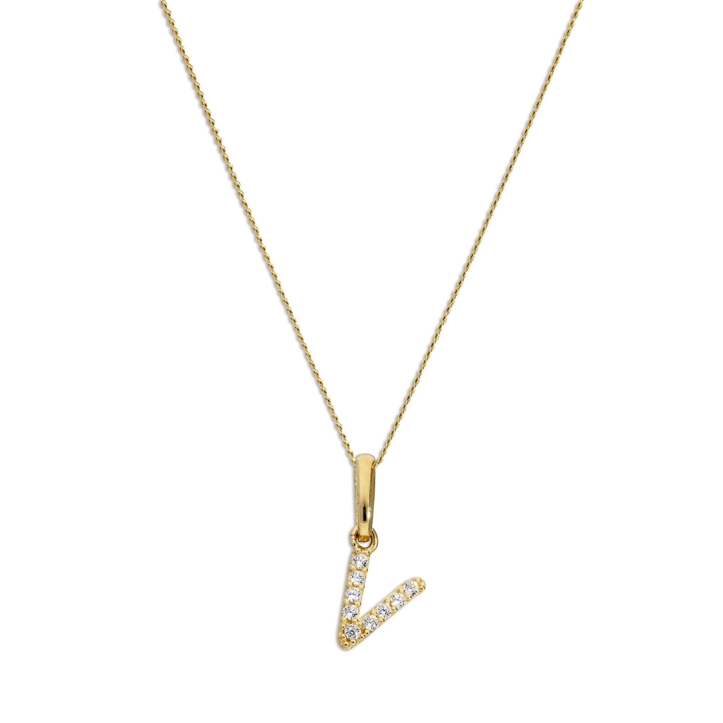 Pendentif lettre V en or 9 carats et cristal CZ transparent sur chaîne de 40 à 50 cm