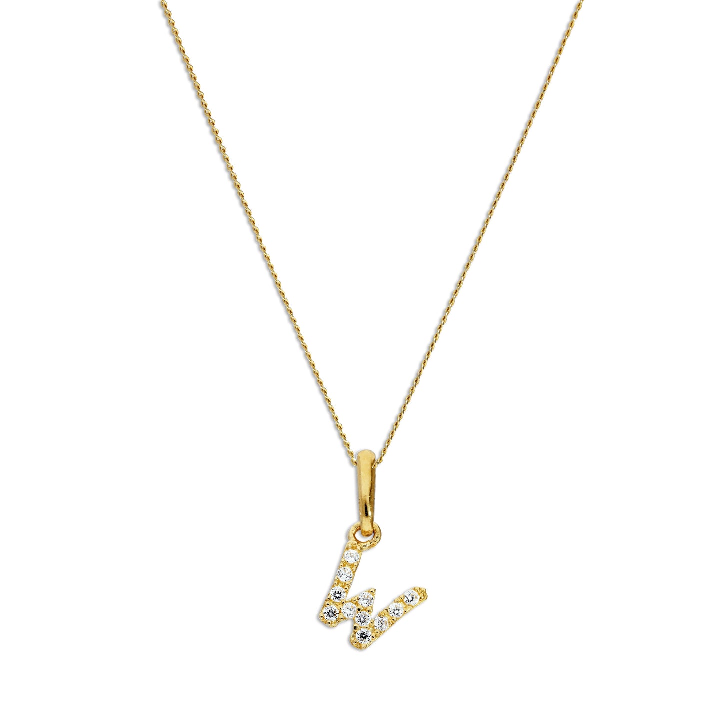 Pendentif lettre W en or 9 carats et cristal CZ transparent sur chaîne de 40 à 50 cm