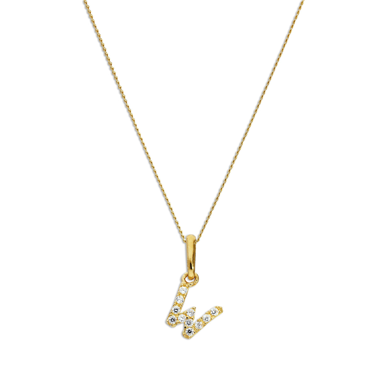 Pendentif lettre W en or 9 carats et cristal CZ transparent sur chaîne de 40 à 50 cm
