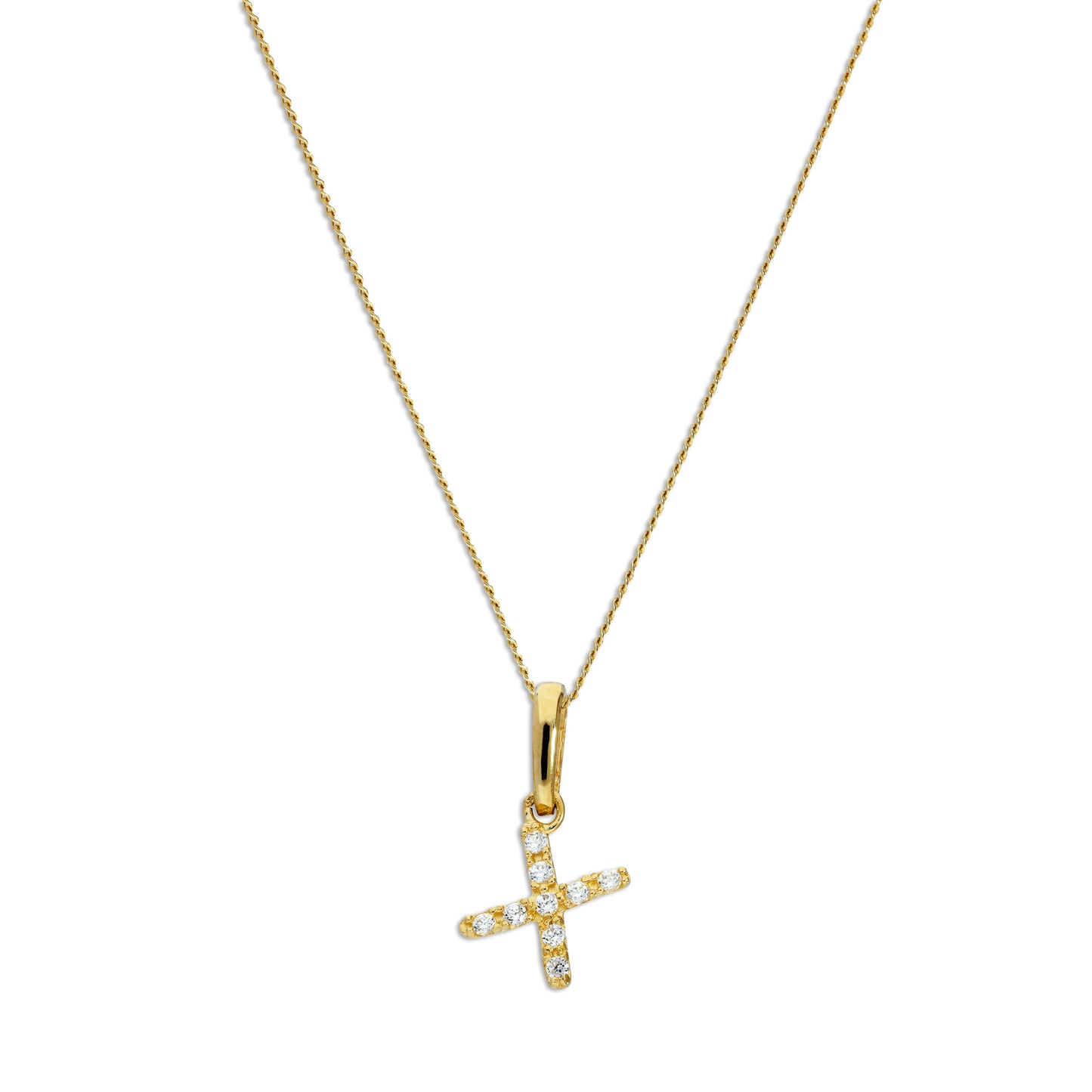 Pendentif lettre X en or 9 carats et cristal CZ transparent sur chaîne de 40 à 50 cm