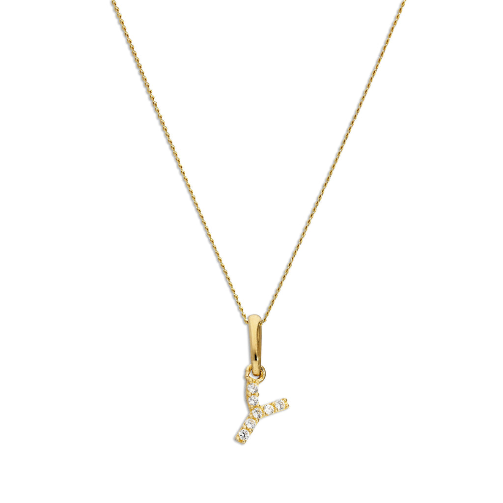 Pendentif lettre Y en or 9 carats et cristal CZ transparent sur chaîne de 40 à 50 cm