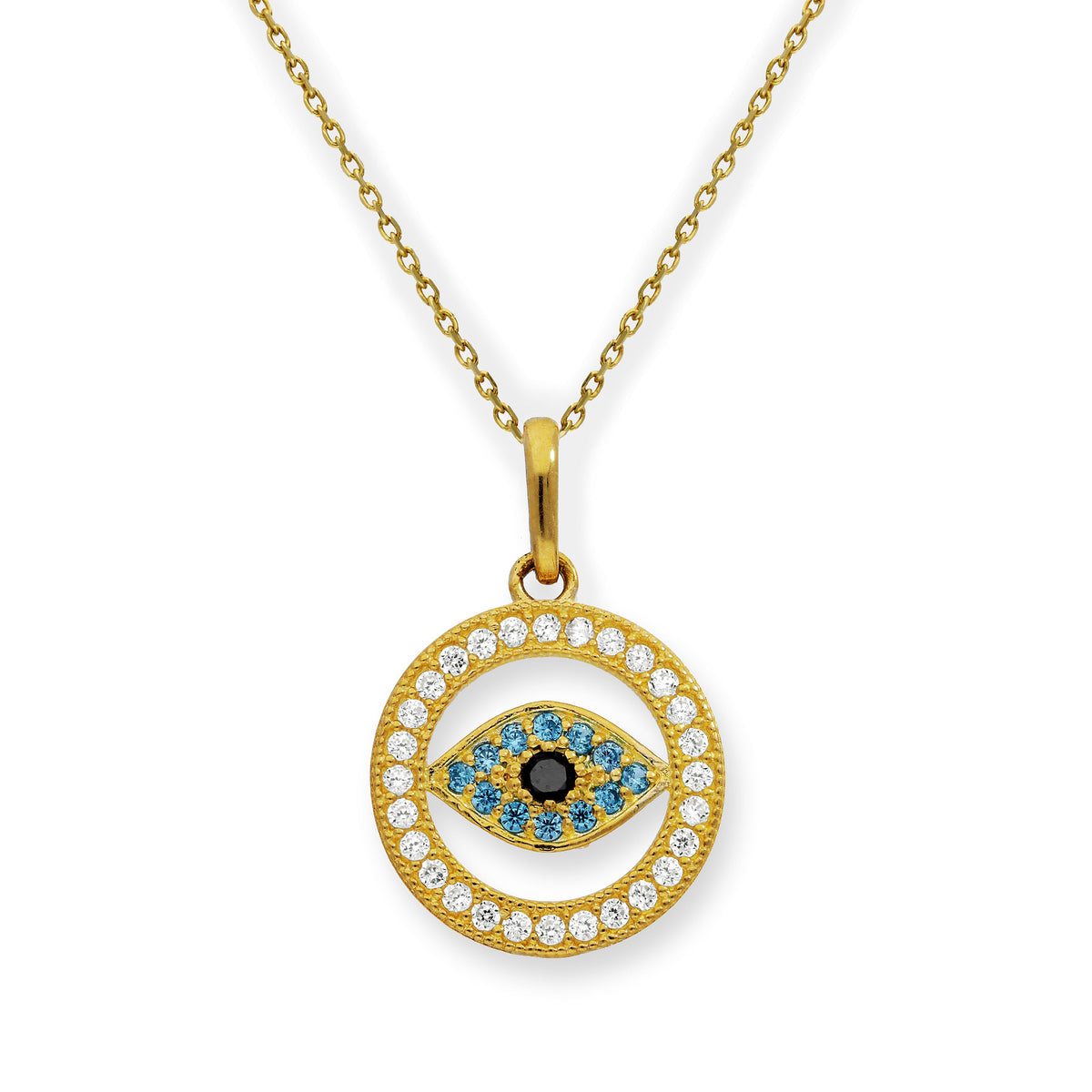 Collier avec pendentif cercle en or 9 carats et cristal CZ contre le mauvais œil