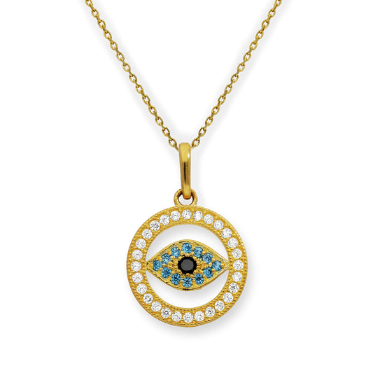Collier avec pendentif cercle en or 9 carats et cristal CZ contre le mauvais œil