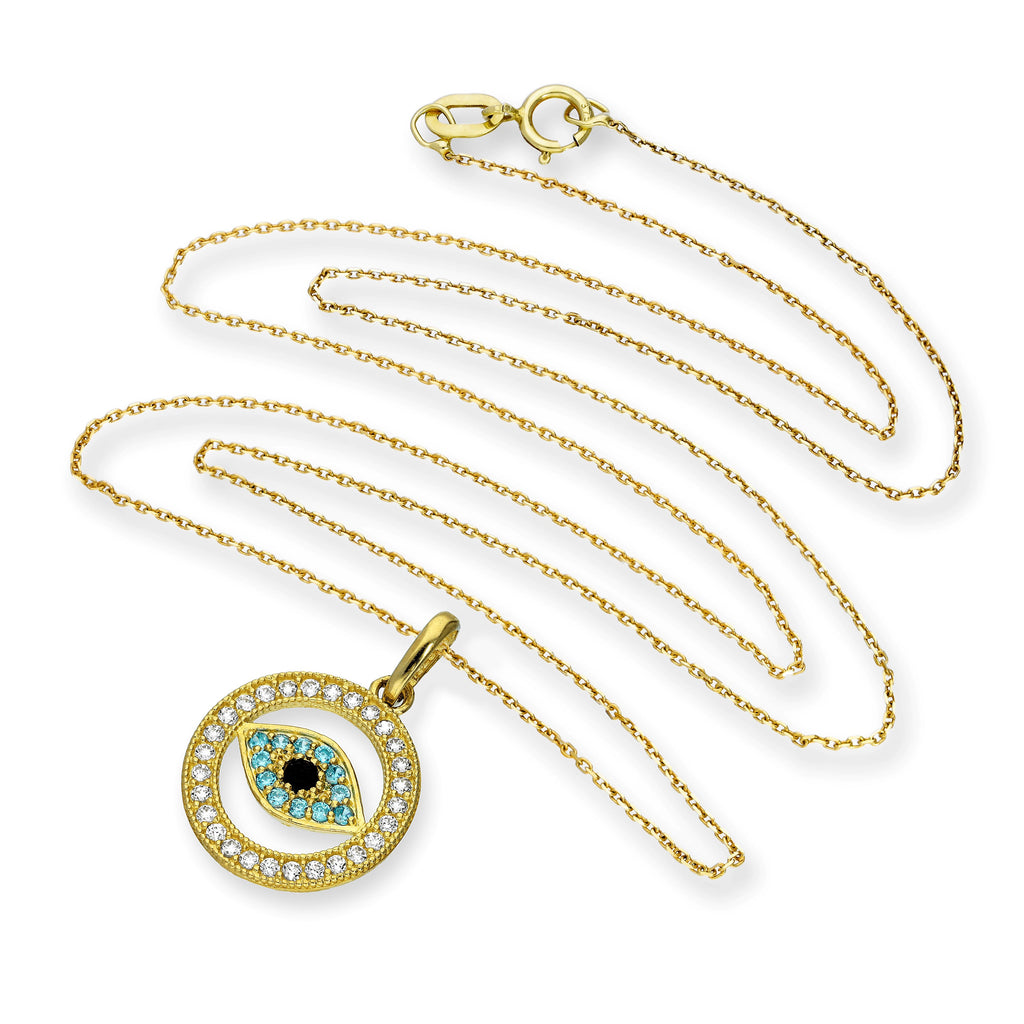 Collier avec pendentif cercle en or 9 carats et cristal CZ contre le mauvais œil