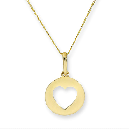 Pendentif rond en or 9 carats avec cœur découpé sur chaîne