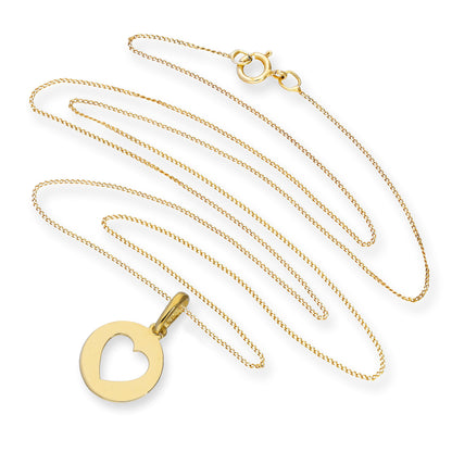 Pendentif rond en or 9 carats avec cœur découpé sur chaîne