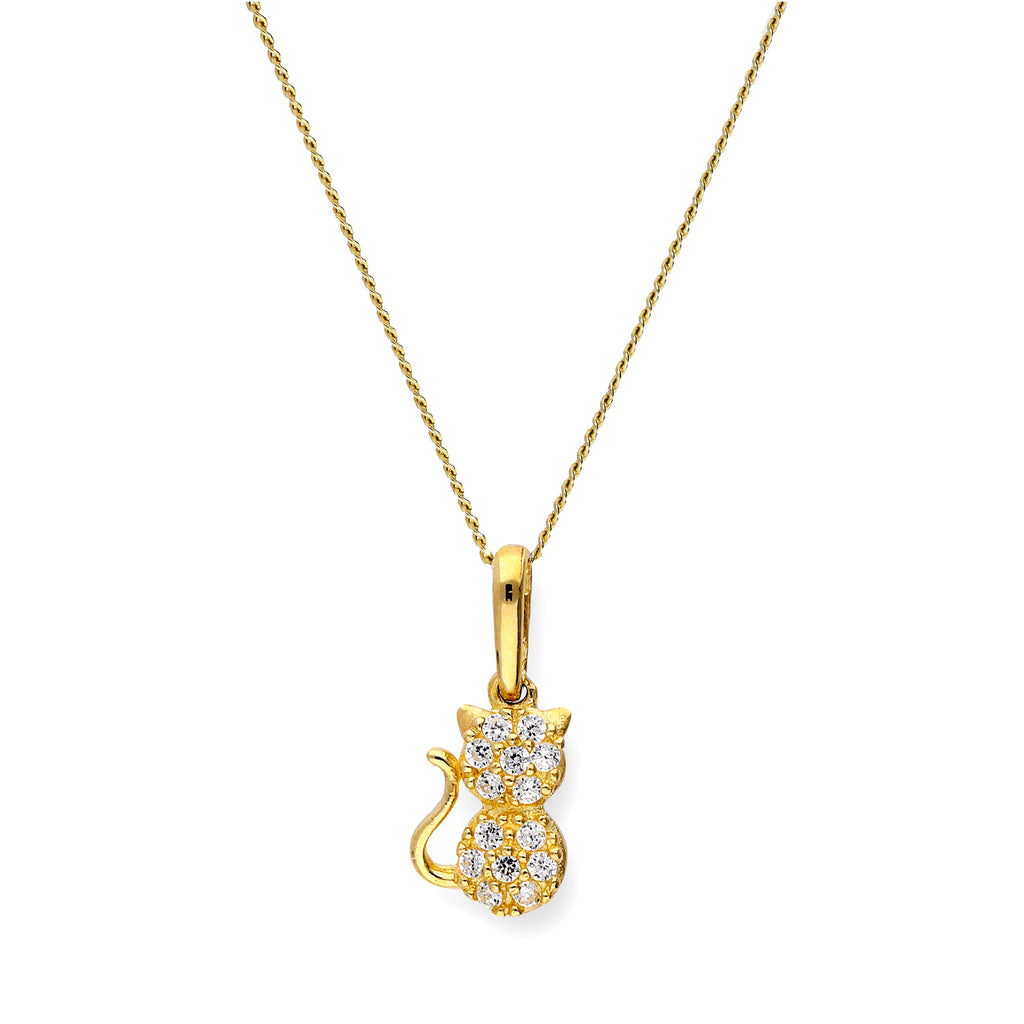 Collier avec pendentif chat en or 9 carats et cristal CZ transparent