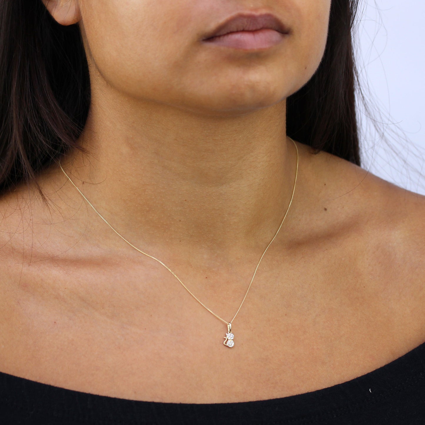 Collier avec pendentif chat en or 9 carats et cristal CZ transparent
