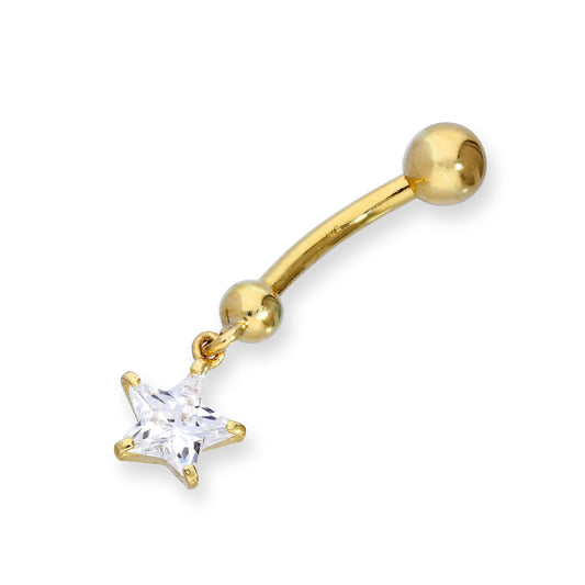 Piercing de nombril en or 9 carats et cristal CZ transparent suspendu avec boule en forme d'étoile