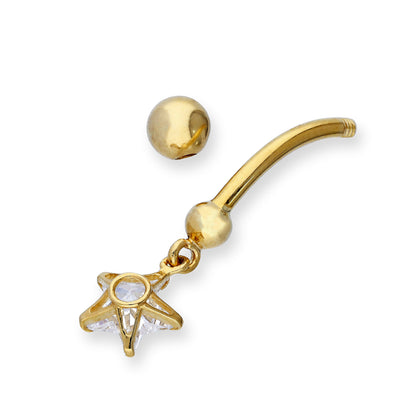 Piercing de nombril en or 9 carats et cristal CZ transparent suspendu avec boule en forme d'étoile