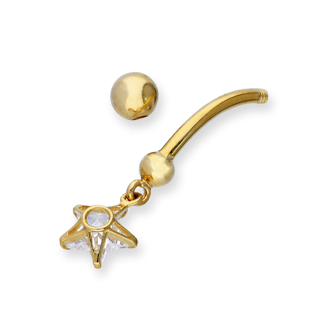 Piercing de nombril en or 9 carats et cristal CZ transparent suspendu avec boule en forme d'étoile