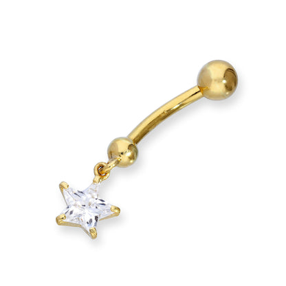 Piercing de nombril en or 9 carats et cristal CZ transparent suspendu avec boule en forme d'étoile