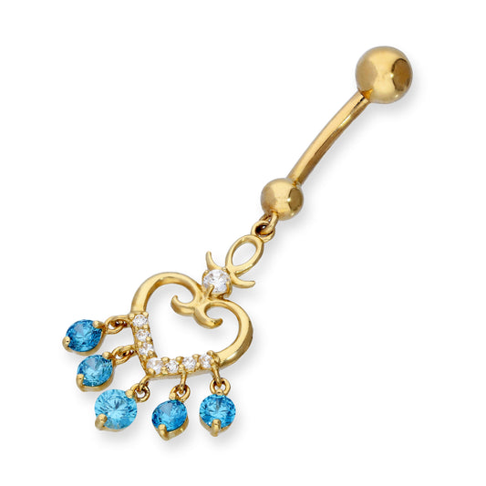 Piercing de nombril suspendu en or 9 carats et cristal CZ avec jolie boule en forme de cœur