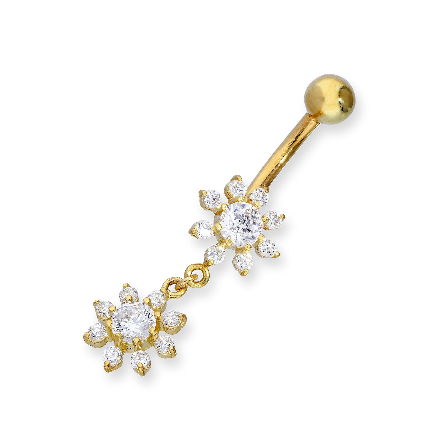 Piercing de nombril en or 9 carats et double pendentif en forme de boule avec cristaux CZ transparents