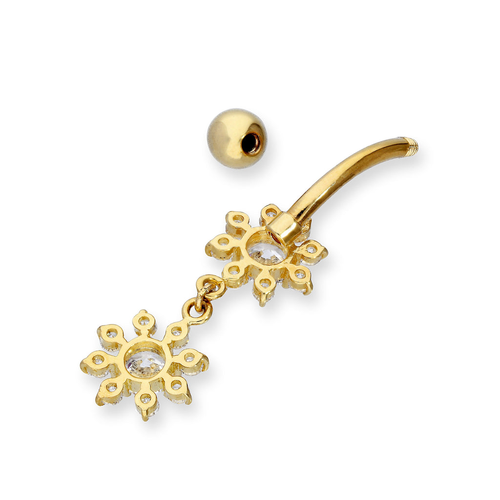Piercing de nombril en or 9 carats et double pendentif en forme de boule avec cristaux CZ transparents