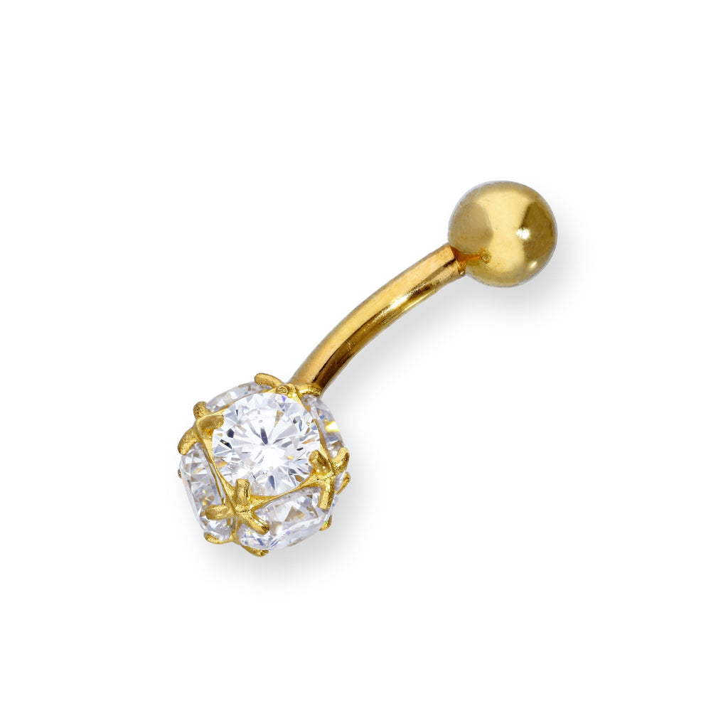 Barre de nombril en or 9 carats et cristal CZ transparent avec extrémité sphérique