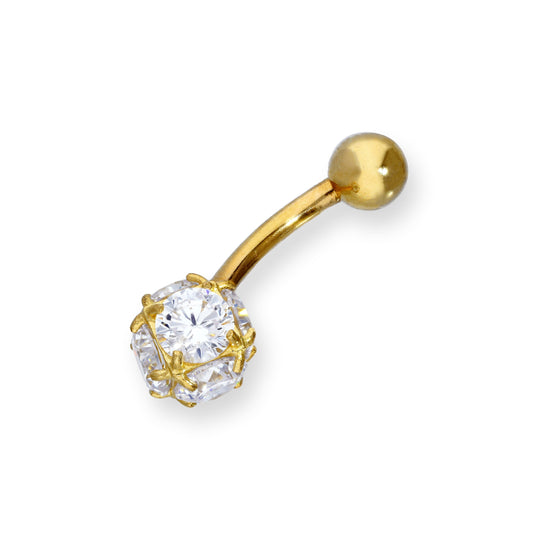 Barre de nombril en or 9 carats et cristal CZ transparent avec extrémité sphérique