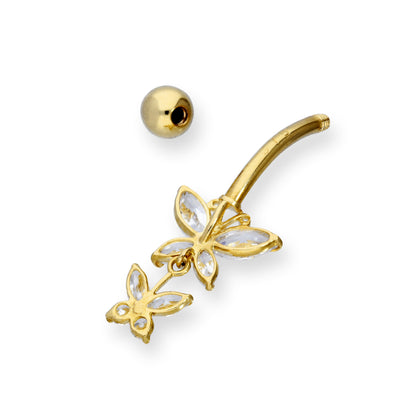Piercing nombril en or 9 carats et double boule en cristal CZ transparent